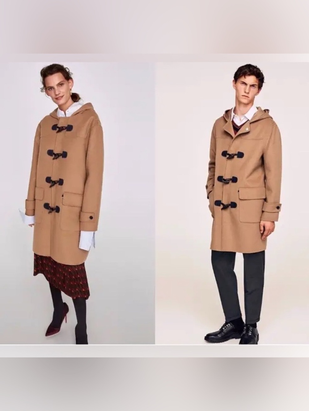 ZARA Camel Brown Wool Duffle Coat Hooded Toggle Jacket Academia Preppy
